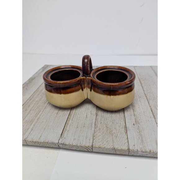 Vintage Brown Glazed Stoneware Double Condiment Sauce Pot W/ Lids Spoons Taiwan - Picture 8 of 11